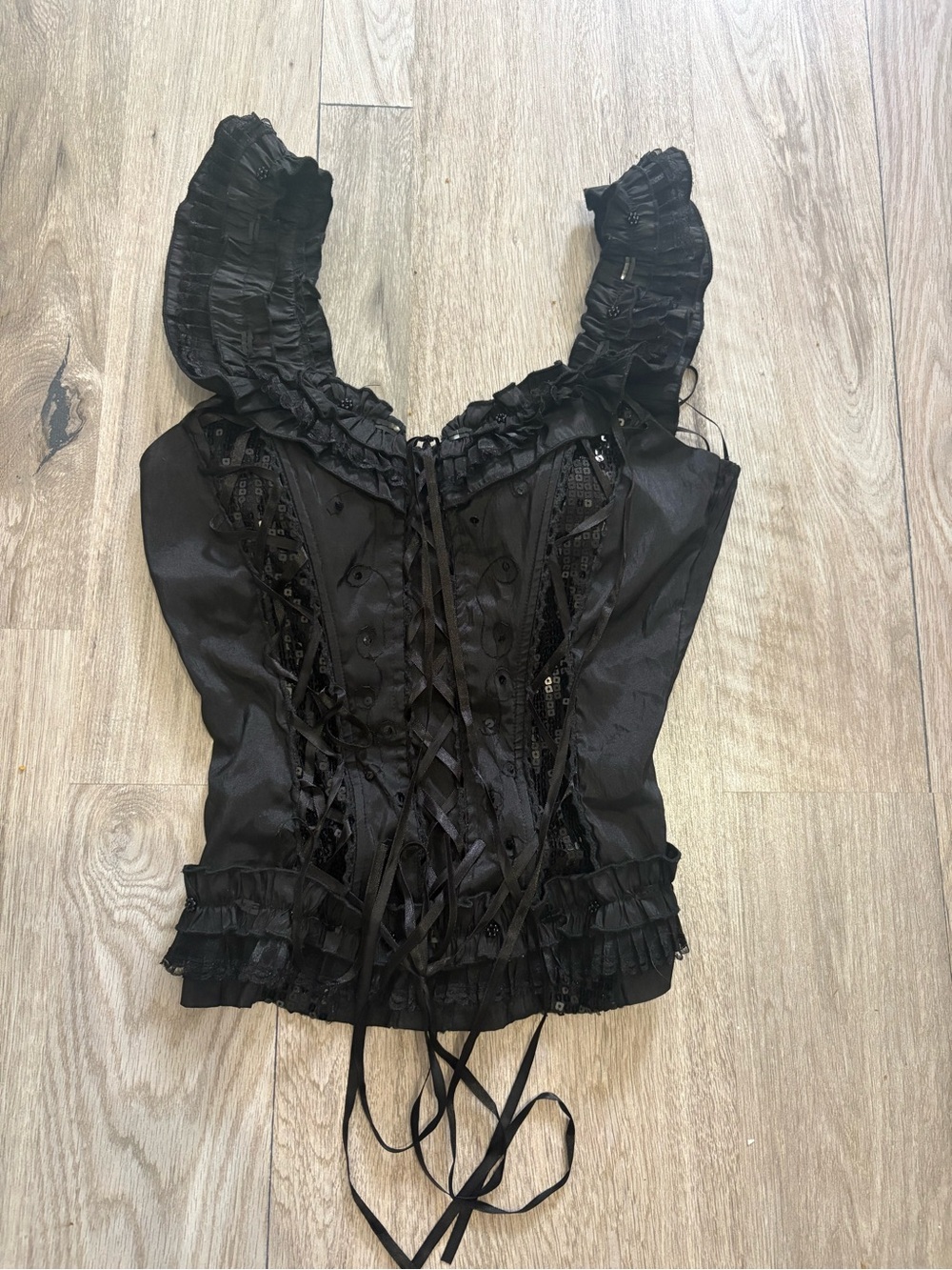 Corset top size S black gothic sequin ruffle